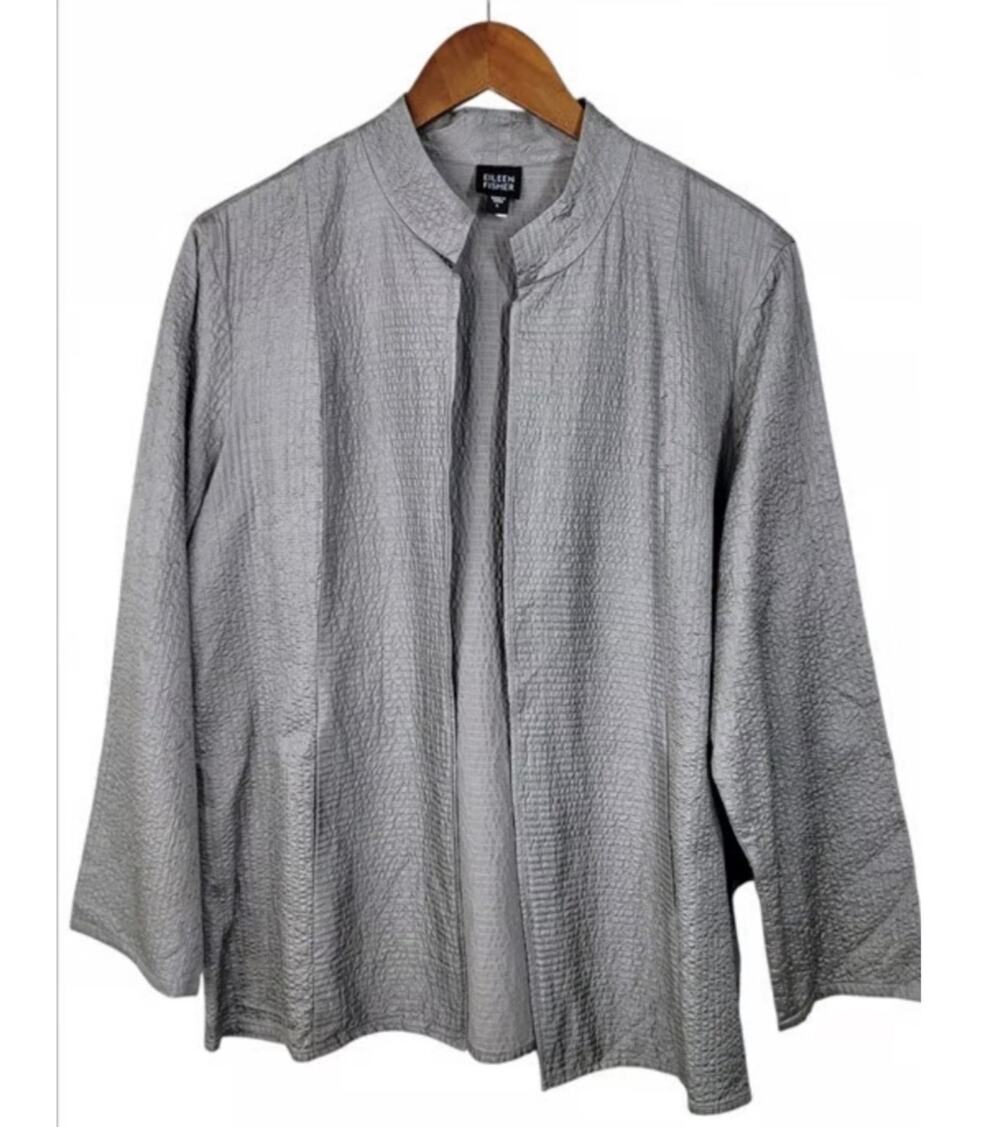 Eileen Fisher Large Tussah Silk Cardigan Jacket Metallic Gray Crinkle Texture